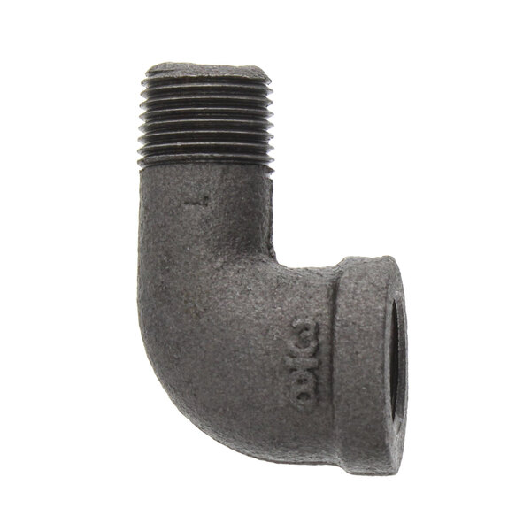 A close-up of a black Vulcan street elbow with a threaded end.
