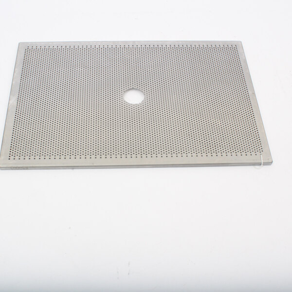 A stainless steel metal square with holes.