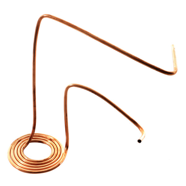 A copper tube with a long, thin, and curved shape.