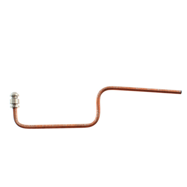 A long curved copper pipe with a metal connector.
