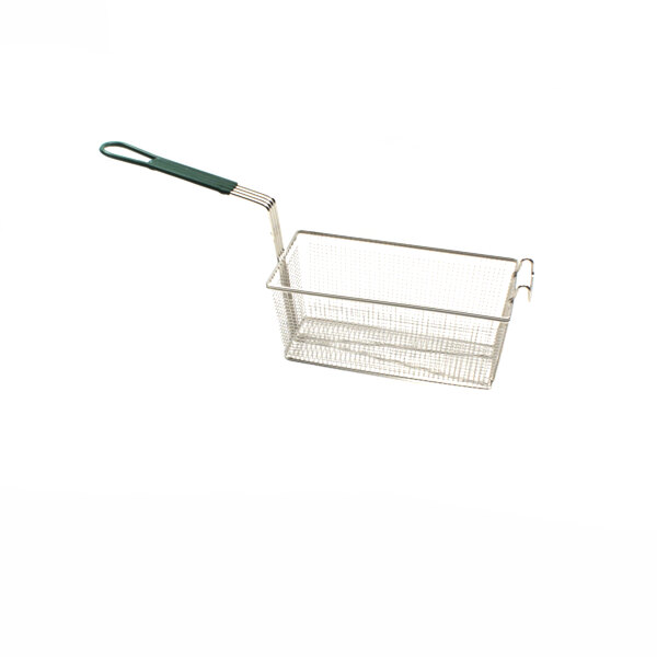 A small metal fryer basket with a green handle.