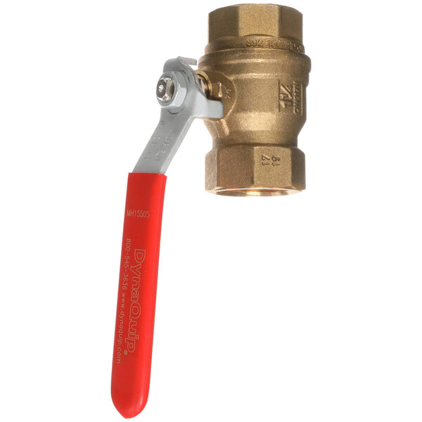 A close-up of an Anets brass ball valve with a red handle.