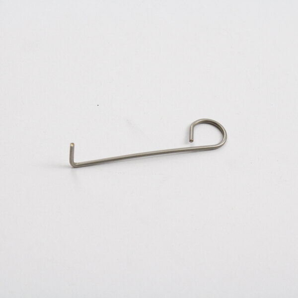 A silver metal hook on a white background.