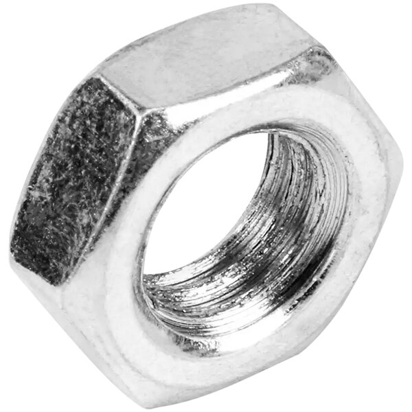 A close-up of a silver hex nut with a jam end.