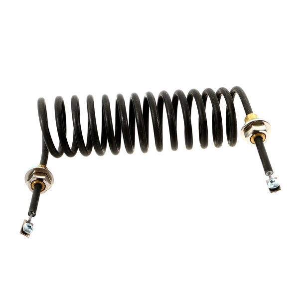 A black coil with metal parts and a black wire.
