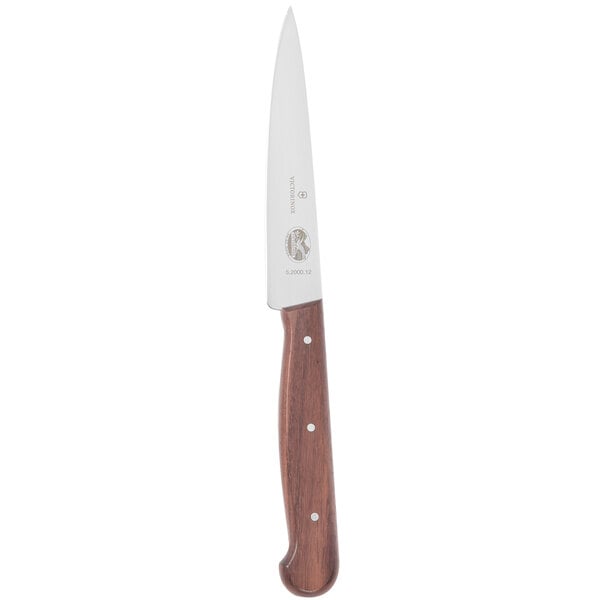 A Victorinox utility knife with a wooden handle.