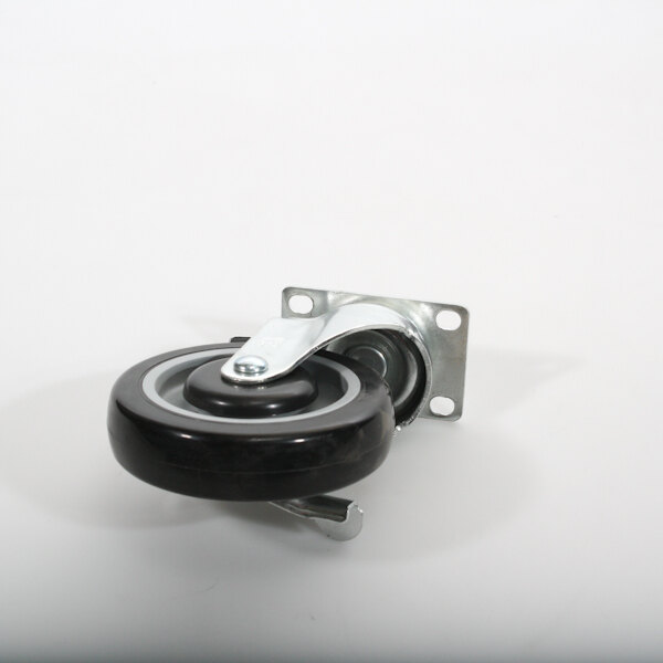 A black and silver caster wheel for a hot food box.