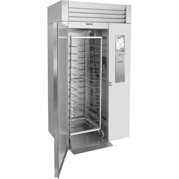 A large metal cabinet with racks and a left hinged door.