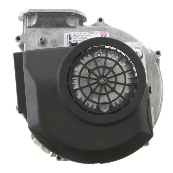 A black and silver Alto-Shaam fan blower with a black circle on the side.