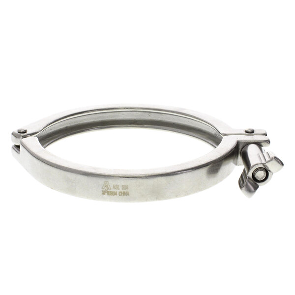 A stainless steel Cleveland hose clamp with a metal screw.