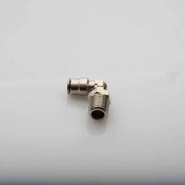 A silver metal Cleveland stainless steel elbow pipe fitting with a nut on the end.