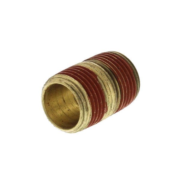 A close-up of a brass pipe fitting with a red and gold tube.
