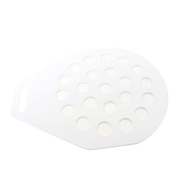 A white plastic rounding plate with holes.