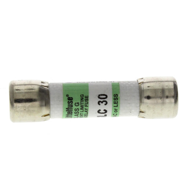 A close-up of a white and green Alto-Shaam FU-3860 fuse with a green label.