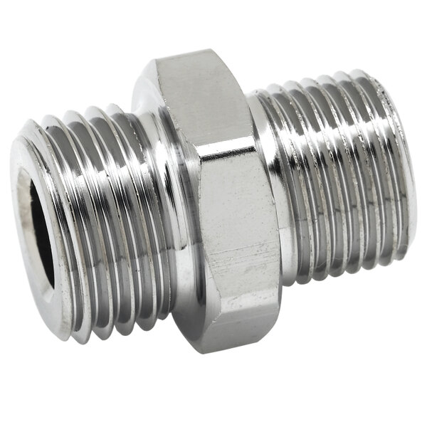 A close-up of a T&S stainless steel 3/8" NPT male adapter.