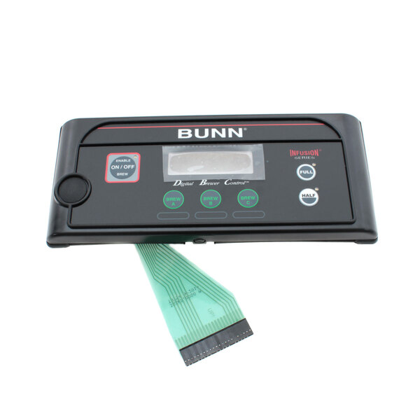 The control panel for a Bunn digital brewer with buttons and a green ribbon.