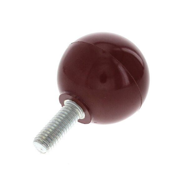 A round red knob with a bolt on it.