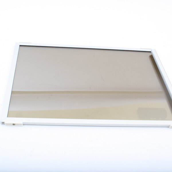 A white glass door with a white frame for an Alto-Shaam countertop food warmer.