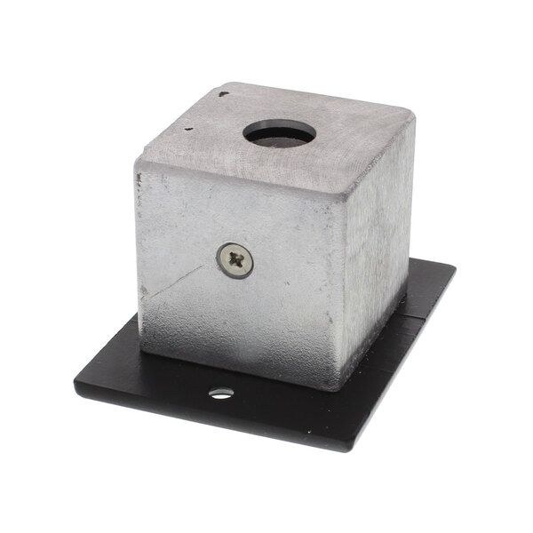 A silver metal square Eloma locking unit with a hole.