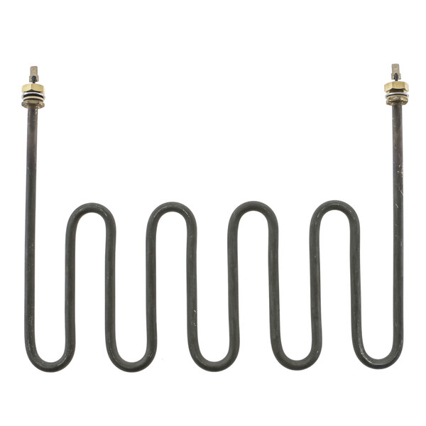 A black heating element with two metal rods and several black spirals.