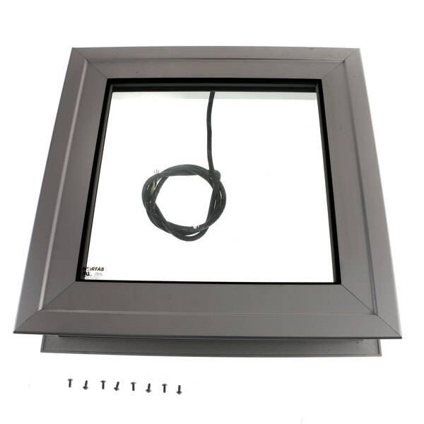 A black wire in a square glass window frame.