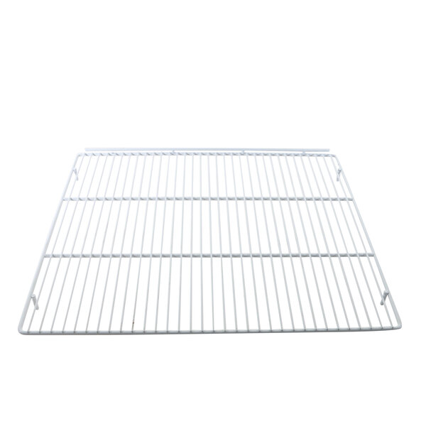 A white wire rack with a metal grid on the bottom.