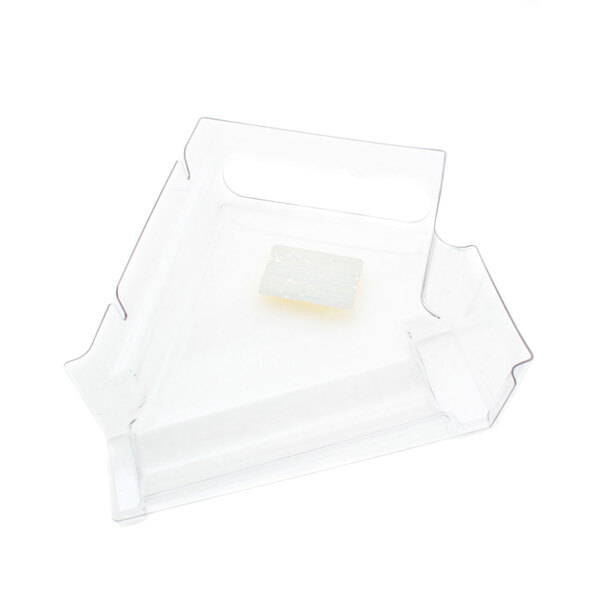 A clear plastic tray with a white top cover on it.