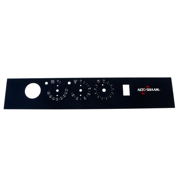 A black rectangular decal with white dials and circles.