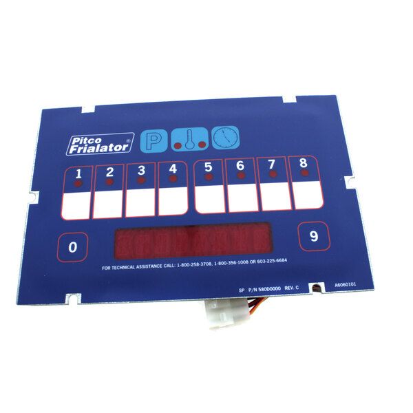 A blue rectangular Pitco control board with white numbers and red text.