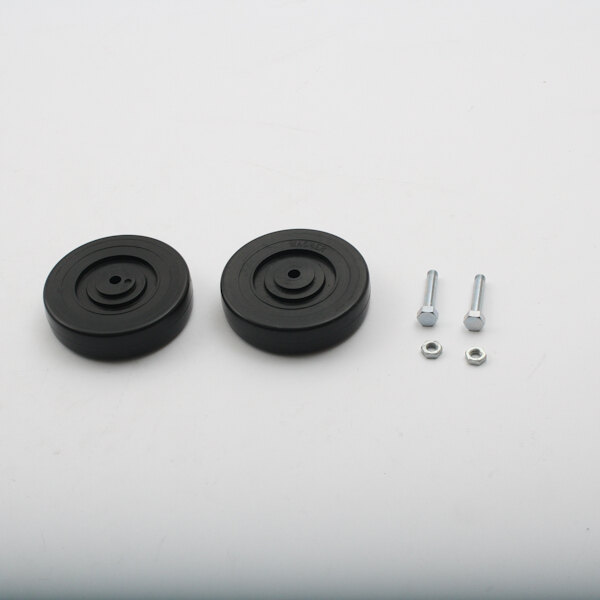 Two black circular Winston Industries Inc. PS1226-2 rubber wheels with metal screws and nuts.