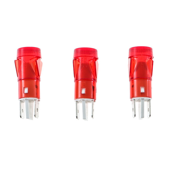 Three red plastic plugs with white squares.