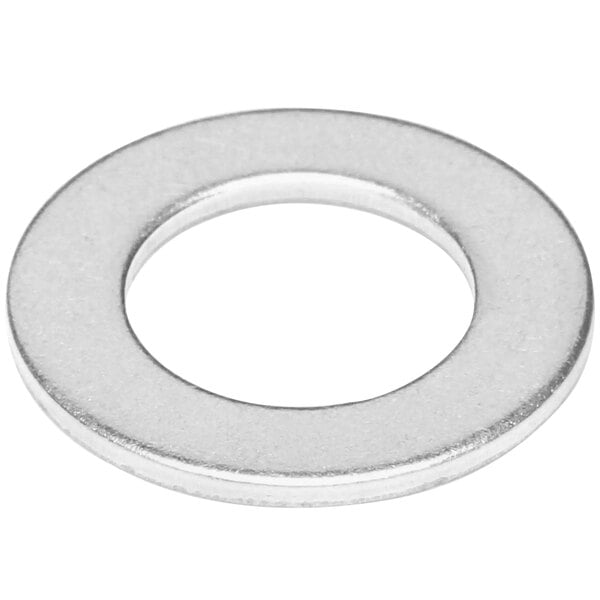 A close-up of a stainless steel Bakers Pride flat washer with a hole in the middle.