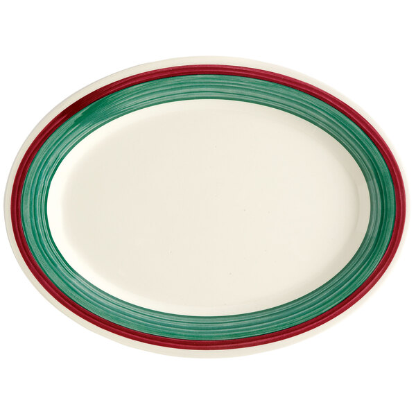 A white oval platter with red and green stripes.