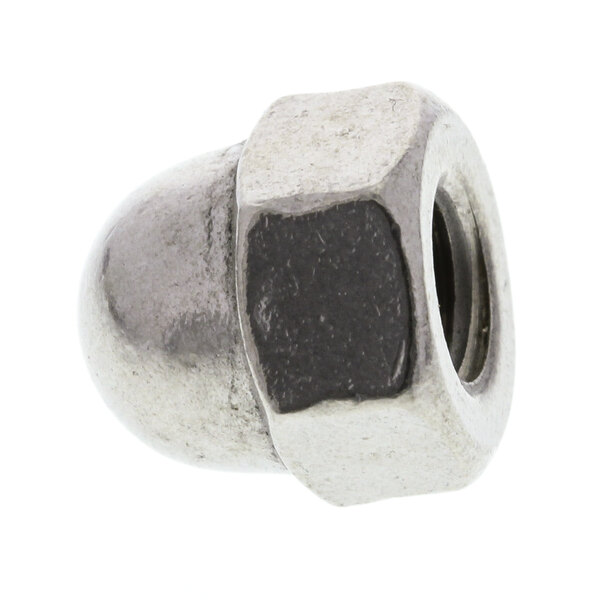 A close up of a stainless steel Avtec nut with a black finish.