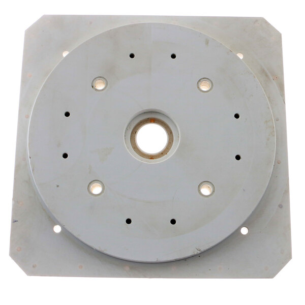 A white metal circular plate with holes in it.