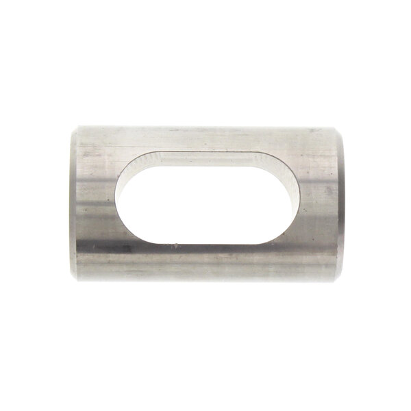 A stainless steel rectangular metal cylinder with a hole in the middle.