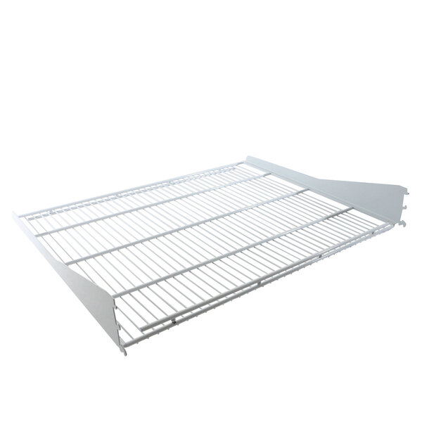 A white metal wire shelf with a white background.