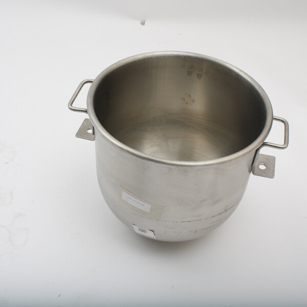 A silver stainless steel Blakeslee bowl with two handles.