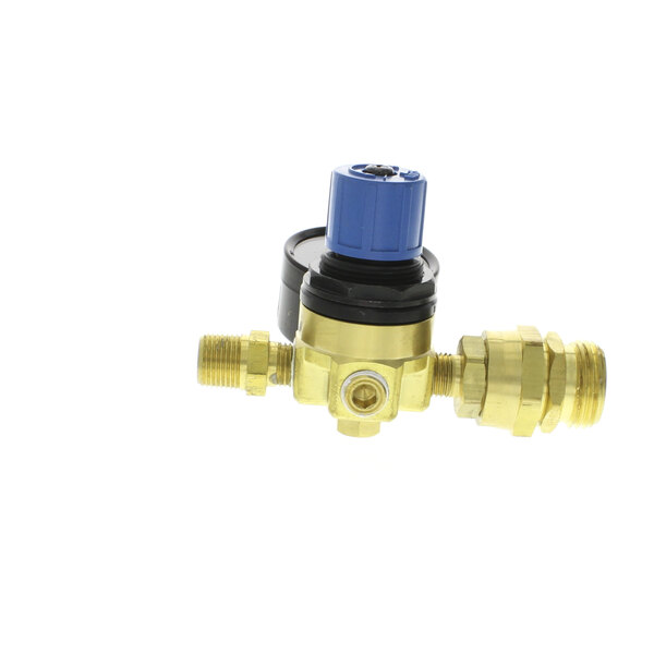 A close-up of a Blodgett gas pressure regulator with gold and blue accents.