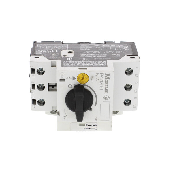 A white and black Blodgett R2128 motor protector with a yellow button and knob.