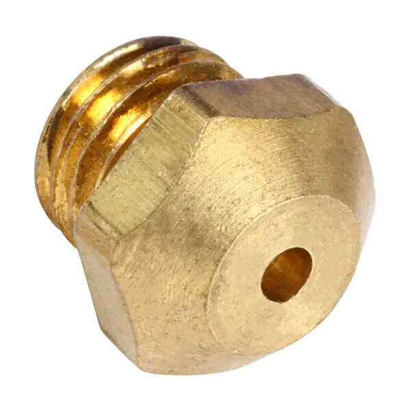 A brass spud with a gold nut.