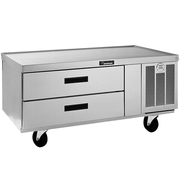 A Delfield stainless steel chef base with two drawers.