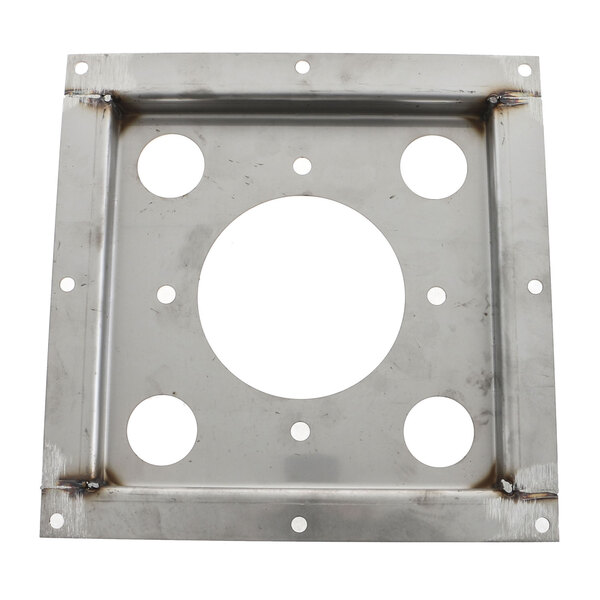 A white metal square with holes.