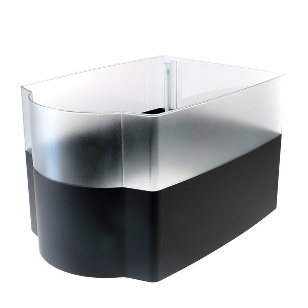 A black and white rectangular plastic ice bin with a clear plastic lid.
