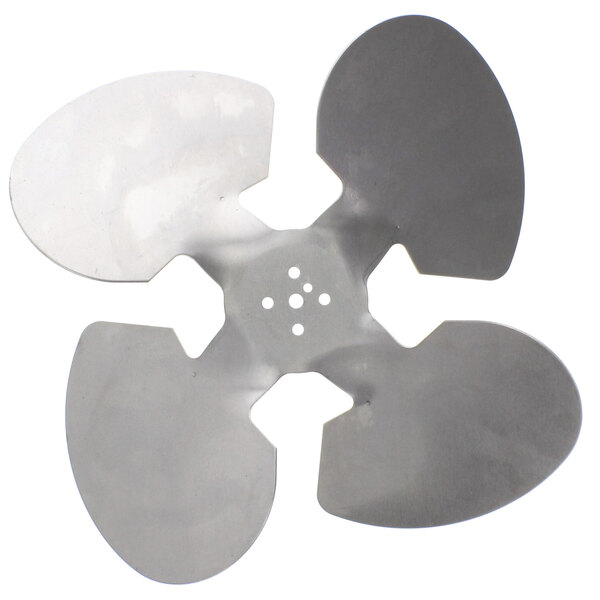 A metal fan blade with four blades and holes on a white background.
