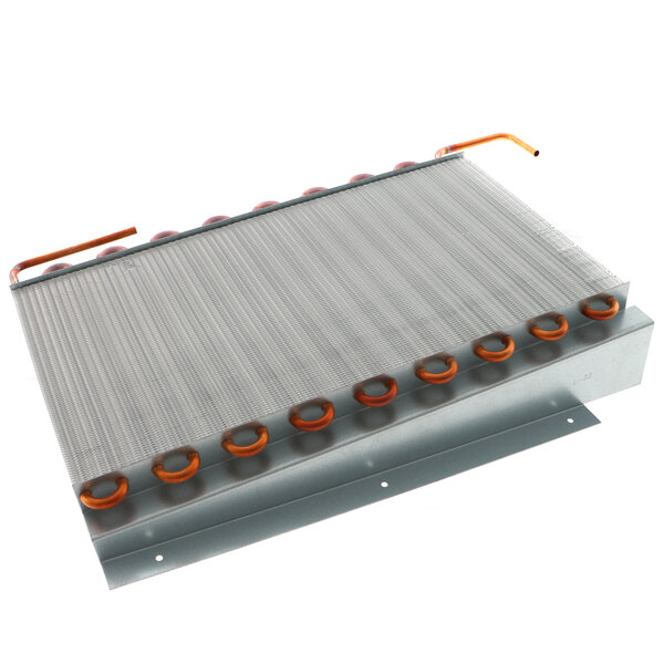 A Delfield condenser coil with orange and white tubes.