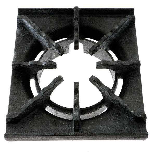 A black metal square top grate with a circular design in the middle.
