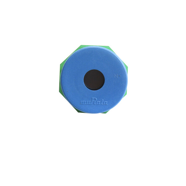 A blue and green circular object with a hole in the center.