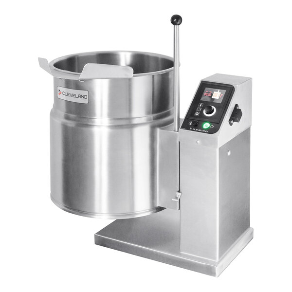 A Cleveland 6 gallon stainless steel steam kettle with a control panel on the front.