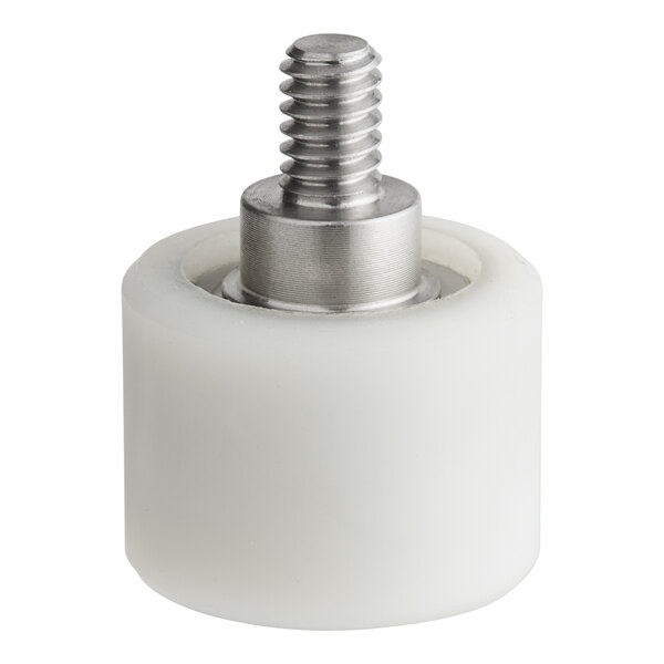 A white plastic wheel with a metal screw.